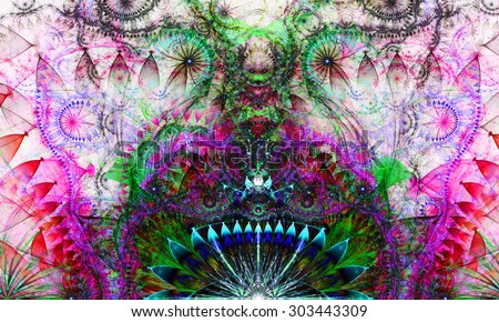 Abstract Psychedelic colorful background with a decorative alien like flower in the center and flower ornamental petals surrounding it, all in dark vivid pink,green,blue,purple