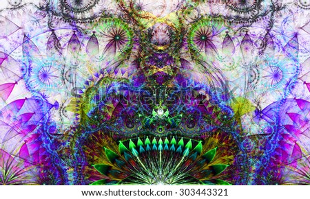 Abstract Psychedelic colorful background with a decorative alien like flower in the center and flower ornamental petals surrounding it, all in dark vivid pink,purple,blue,green
