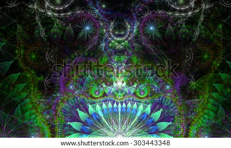 Abstract Psychedelic colorful background with a decorative alien like flower in the center and flower ornamental petals surrounding it, all in shining cyan,blue,green,purple