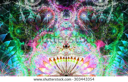 Abstract Psychedelic colorful background with a decorative alien like flower in the center and flower ornamental petals surrounding it, all in bright teal,green,pink,yellow