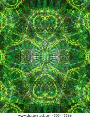 Abstract esoteric colorful background with a decorative star in the center and flower ornamental decoration surrounding it, all in glowing green,yellow
