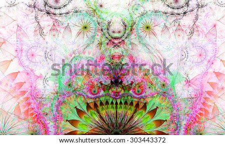 Abstract Psychedelic colorful background with a decorative alien like flower in the center and flower ornamental petals surrounding it, all in light pastel pink,green,red,teal
