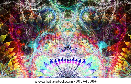 Abstract Psychedelic colorful background with a decorative alien like flower in the center and flower ornamental petals surrounding it, all in bright yellow,red,purple,teal