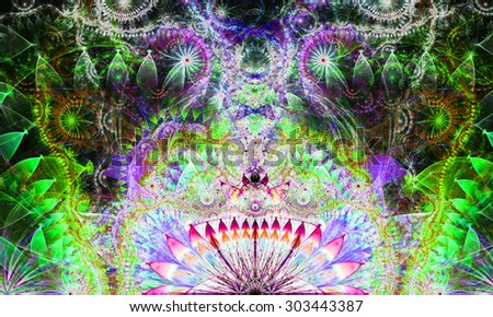 Abstract Psychedelic colorful background with a decorative alien like flower in the center and flower ornamental petals surrounding it, all in bright green,pink,purple,yellow