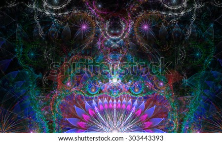 Abstract Psychedelic colorful background with a decorative alien like flower in the center and flower ornamental petals surrounding it, all in shining blue,pink,green,purple