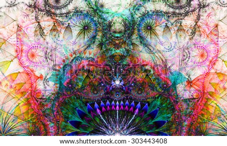 Abstract Psychedelic colorful background with a decorative alien like flower in the center and flower ornamental petals surrounding it, all in dark vivid pink,red,yellow,purple,green