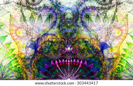 Abstract Psychedelic colorful background with a decorative alien like flower in the center and flower ornamental petals surrounding it, all in dark vivid pink,purple,green,yellow