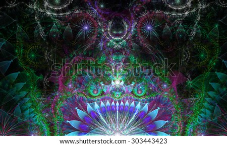 Abstract Psychedelic colorful background with a decorative alien like flower in the center and flower ornamental petals surrounding it, all in shining green,blue,pink,purple