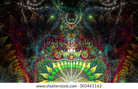 Abstract Psychedelic colorful background with a decorative alien like flower in the center and flower ornamental petals surrounding it, all in shining yellow,green,blue,red