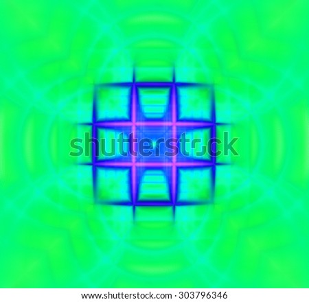 Abstract geometric background with a small square grid in the center with a descending pattern and surrounded by decorative arches, all in dark and bright vivid green,teal,purple