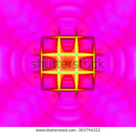 Abstract geometric background with a small square grid in the center with a descending pattern and surrounded by decorative arches, all in dark and bright vivid pink,yellow and red