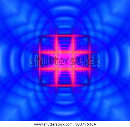 Abstract geometric background with a small square grid in the center with a descending pattern and surrounded by decorative arches, all in dark and bright vivid blue and pink