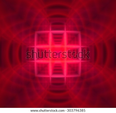 Abstract geometric background with a small square grid in the center with a descending pattern and surrounded by decorative arches, all in shining pink-red
