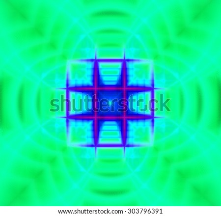 Abstract geometric background with a small square grid in the center with a descending pattern and surrounded by decorative arches, all in dark and bright vivid green,cyan,purple