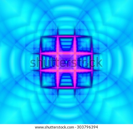 Abstract geometric background with a small square grid in the center with a descending pattern and surrounded by decorative arches, all in dark and bright vivid blue,purple,pink
