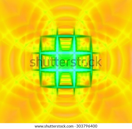 Abstract geometric background with a small square grid in the center with a descending pattern and surrounded by decorative arches, all in dark and bright vivid yellow,orange,green