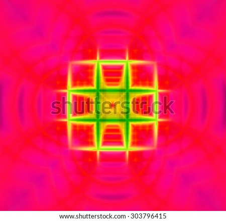 Abstract geometric background with a small square grid in the center with a descending pattern and surrounded by decorative arches, all in dark and bright vivid pink,red,yellow,green
