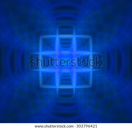 Abstract geometric background with a small square grid in the center with a descending pattern and surrounded by decorative arches, all in shining blue