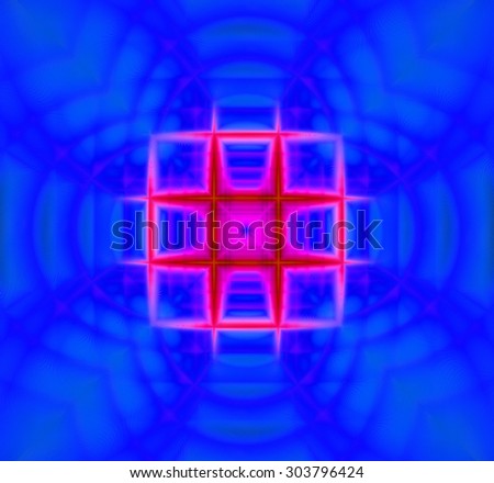 Abstract geometric background with a small square grid in the center with a descending pattern and surrounded by decorative arches, all in dark and bright vivid blue,pink