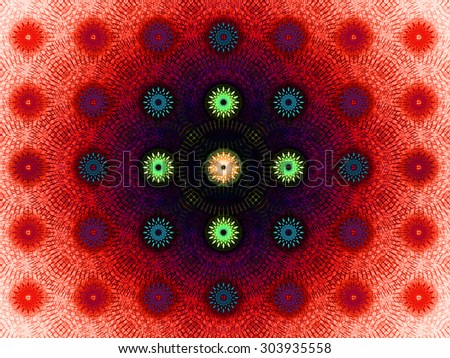 Detailed abstract background in high resolution with a dark vivid red,blue,green,yellow pattern of circular geometric flowers in rows and columns interlocking by their petals.