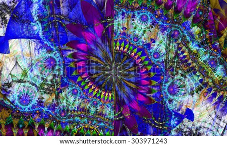 High resolution wallpaper of a psychedelic abstract alien sunflower  deocrated with various flower and leafy ornaments in dark vivid  teal,purple,pink,green - Stock Image - Everypixel