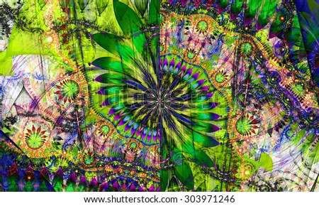 High resolution wallpaper of a psychedelic abstract alien sunflower deocrated with various flower and leafy ornaments in dark vivid green,yellow,pink,purple