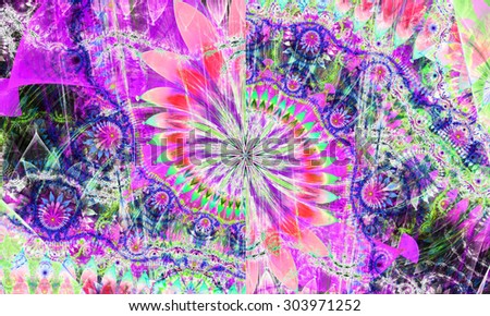 High resolution wallpaper of a psychedelic abstract alien sunflower deocrated with various flower and leafy ornaments in pink,purple,green