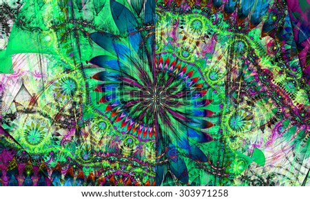 High resolution wallpaper of a psychedelic abstract alien sunflower deocrated with various flower and leafy ornaments in dark vivid green,blue,pink