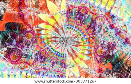 High resolution wallpaper of a psychedelic abstract alien sunflower deocrated with various flower and leafy ornaments in red,yelow,blue,pink