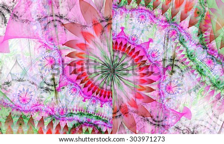 High resolution wallpaper of a psychedelic abstract alien sunflower deocrated with various flower and leafy ornaments in light pastel pink,red,green,