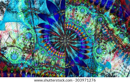 High resolution wallpaper of a psychedelic abstract alien sunflower deocrated with various flower and leafy ornaments in dark vivid cyan,blue,pink,green