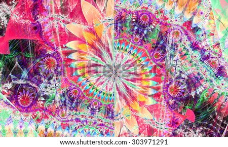 High resolution wallpaper of a psychedelic abstract alien sunflower deocrated with various flower and leafy ornaments in pink,red,blue,purple