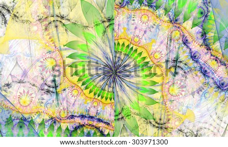 High resolution wallpaper of a psychedelic abstract alien sunflower deocrated with various flower and leafy ornaments in light pastel green,yellow,pink,purple