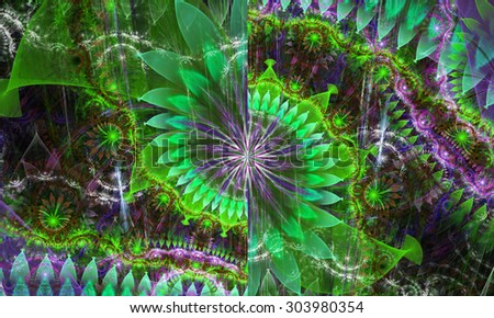 High resolution wallpaper of a psychedelic abstract alien sunflower deocrated with various flower and leafy ornaments in shining green,teal,pink
