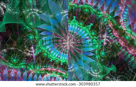High resolution wallpaper of a psychedelic abstract alien sunflower deocrated with various flower and leafy ornaments in shining blue,green,pink,cyan