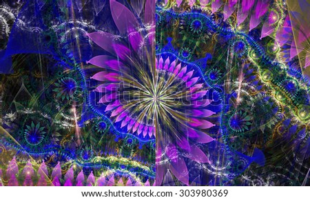 High resolution wallpaper of a psychedelic abstract alien sunflower deocrated with various flower and leafy ornaments in shining blue,pink,green