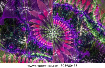 High resolution wallpaper of a psychedelic abstract alien sunflower deocrated with various flower and leafy ornaments in shining pink,purple,green,cyan