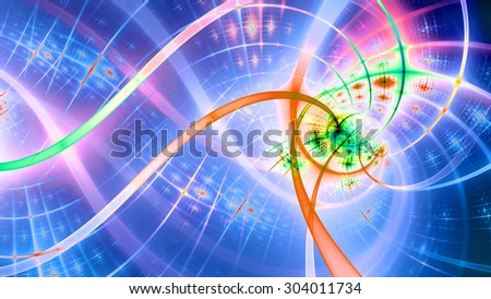 A beautiful wallpaper with a spiral on the right with an intricate interwoven pattern and a light blur, all bright vivid blue,pink,red,yellow,green