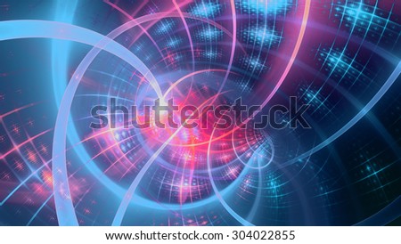 A beautiful wallpaper with a spiral on the left with an intricate interwoven pattern and a light blur, all shining blue,pink