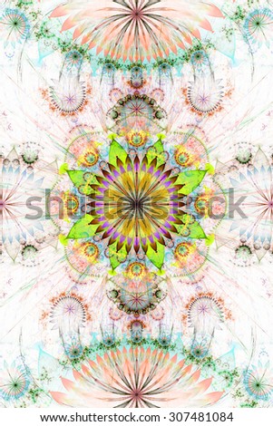 Abstract background with a pastel flower pattern of a larger center in the center surrounded by smaller ones and a large flat flower on the top and the bottom, all in pink,green,yellow