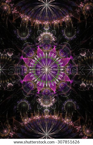 Abstract background with a glowing flower pattern of a larger center in the center surrounded by smaller ones and a large flat flower on the top and the bottom, all in purple,pink,green