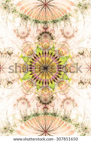 Abstract background with a pastel sepia tinted flower pattern of a larger center in the center surrounded by smaller ones and a large flat flower on the top and the bottom, all in red,green,yellow