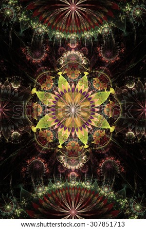 Abstract background with a glowing sepia tinted flower pattern of a larger center in the center surrounded by smaller ones and a large flat flower on the top and the bottom, all in green,purple,yellow