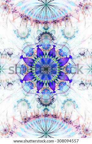 Abstract background with a pastel flower pattern of a larger center in the center surrounded by smaller ones and a large flat flower on the top and the bottom, all in blue,pink,purple