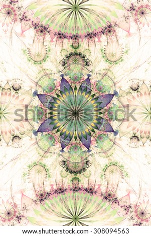 Abstract background with a pastel sepia tinted flower pattern of a larger center in the center surrounded by smaller ones and a large flat flower on the top and the bottom, all in pink,green,purple