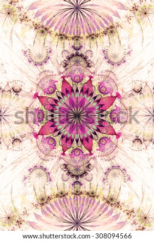 Abstract background with a pastel sepia tinted flower pattern of a larger center in the center surrounded by smaller ones and a large flat flower on the top and the bottom, all in pink,purple,yellow