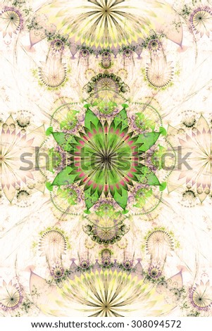 Abstract background with a pastel sepia tinted flower pattern of a larger center in the center surrounded by smaller ones and a large flat flower on the top and the bottom, all in yellow,green,pink