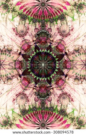 Abstract background with a vivid sepia tinted flower pattern of a larger center in the center surrounded by smaller ones and a large flat flower on the top and the bottom, all in pink and green