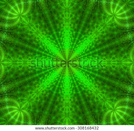 Abstract round flower background with petals decorated with a fine leafy pattern, all in high resolution and glowing green