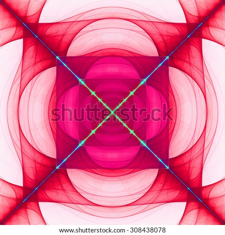 Abstract geometric background with a detailed geometric structures made from squares and semi circles and a large cross dividing it into four triangles, all in vivid pastel pink